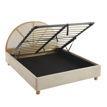 Lit Coffre Japandi velours beige sable cannage 160x200 sommier inclus – Tsuki