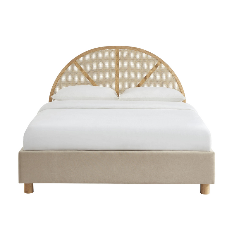 Lit Coffre Japandi velours beige sable cannage 160x200 sommier inclus – Tsuki