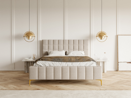 Lit double Japandi avec tête de lit 180x200 en tissu chenille beige clair – Szejlo