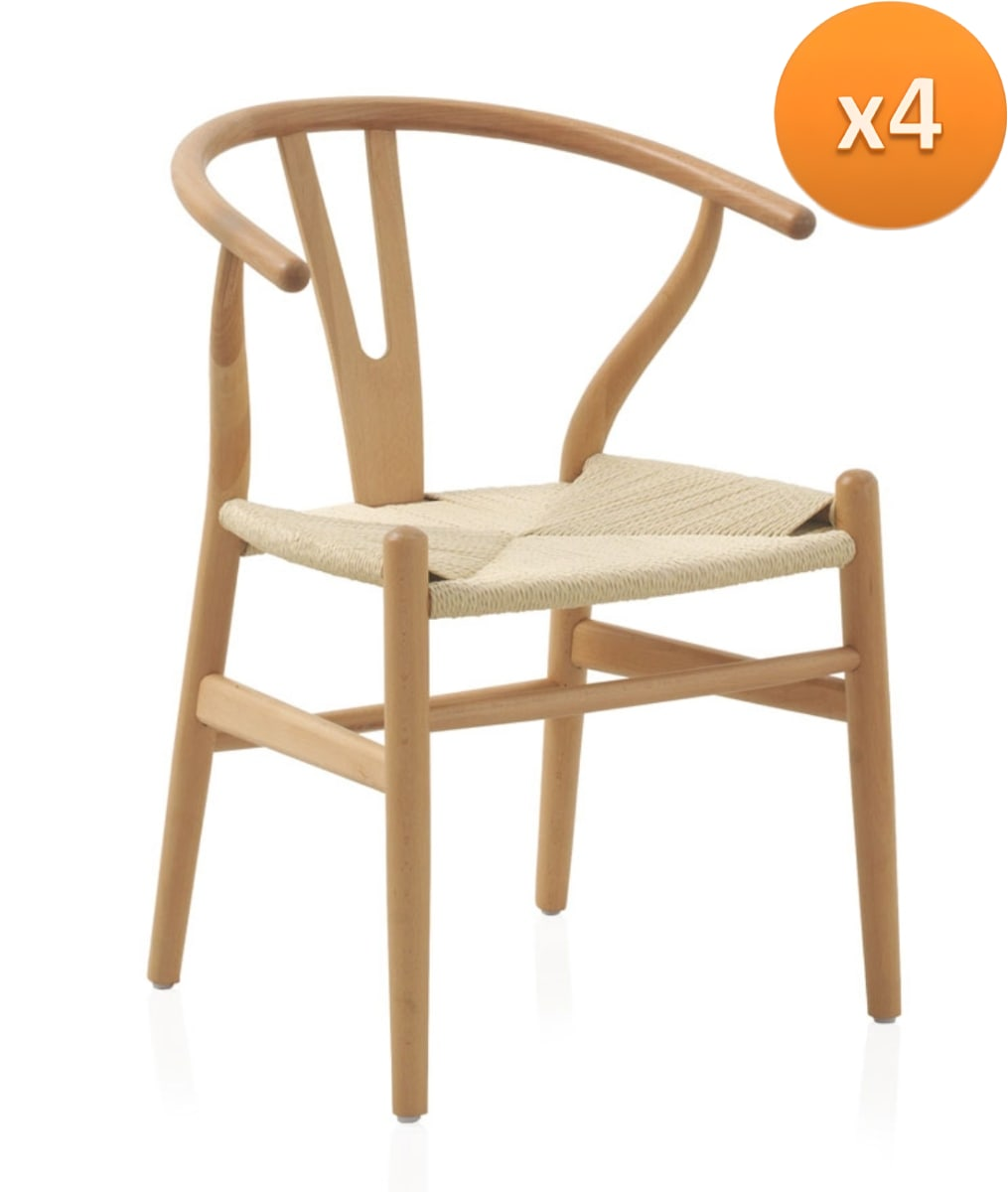 Lot de 4 Fauteuils Japandi en Hêtre avec Assise Tressée