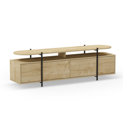Meuble TV Japandi 4 portes pieds métalliques effet chêne L160 cm – Hinoa
