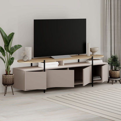 Meuble TV Japandi 4 portes pieds métalliques effet chêne L160 cm – Hinoa