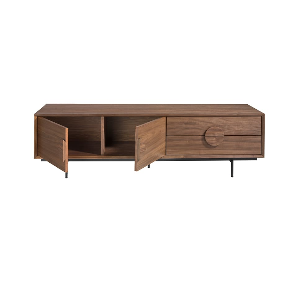 Meuble TV Japandi effet bois noyer et acier noir