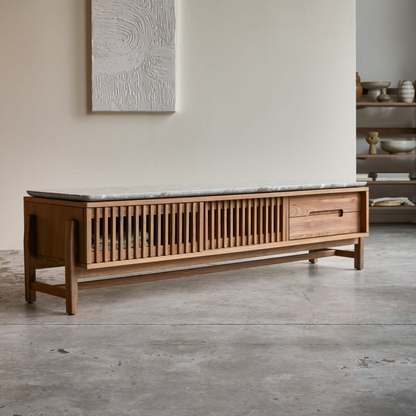 Meuble TV Japandi noyer massif et terrazzo 175 cm – Isaure