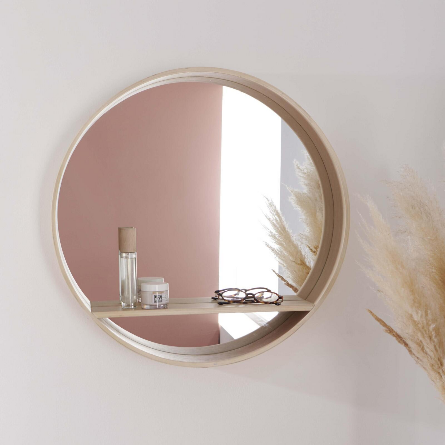 Miroir Rond Japandi avec Étagère en Chêne 60 cm – Oblo