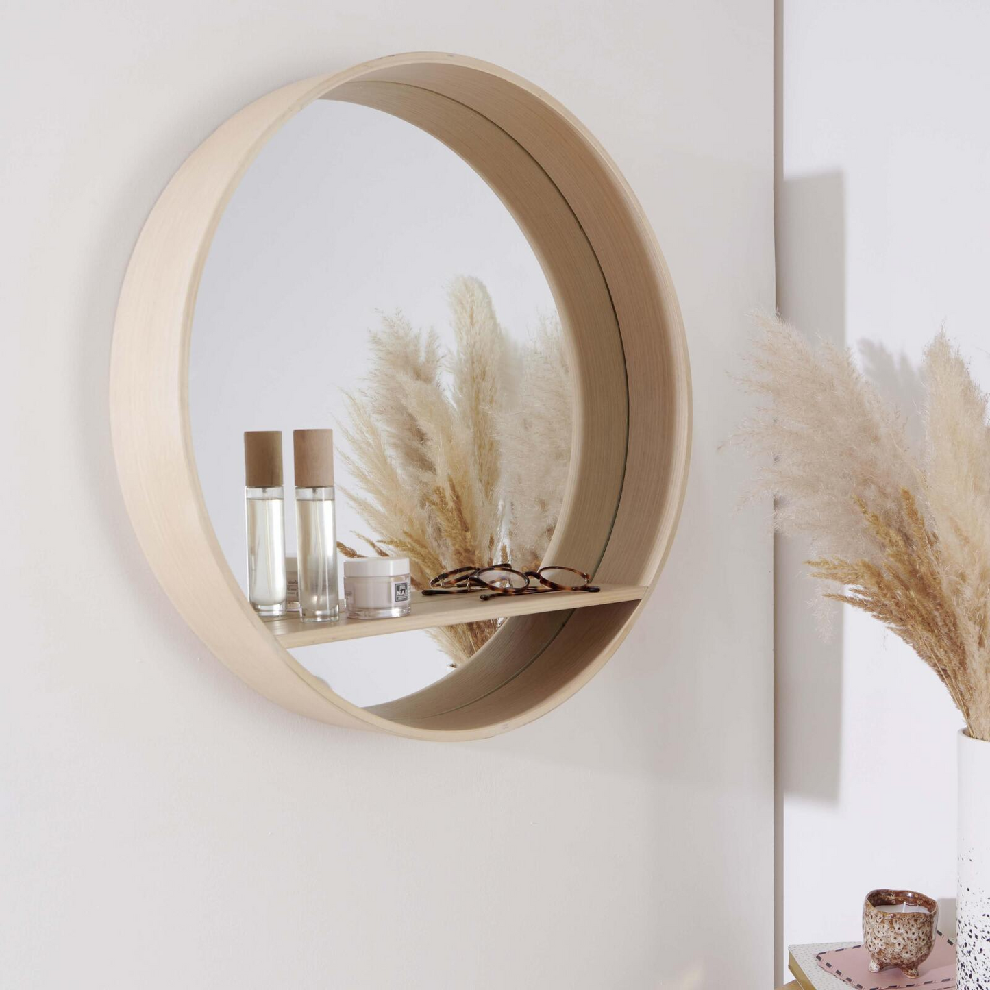 Miroir Rond Japandi avec Étagère en Chêne 60 cm – Oblo