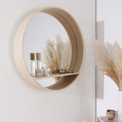 Miroir Rond Japandi avec Étagère en Chêne 60 cm – Oblo