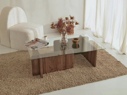 Table Basse Japandi Bois Foncé et Verre Trempé - Azra