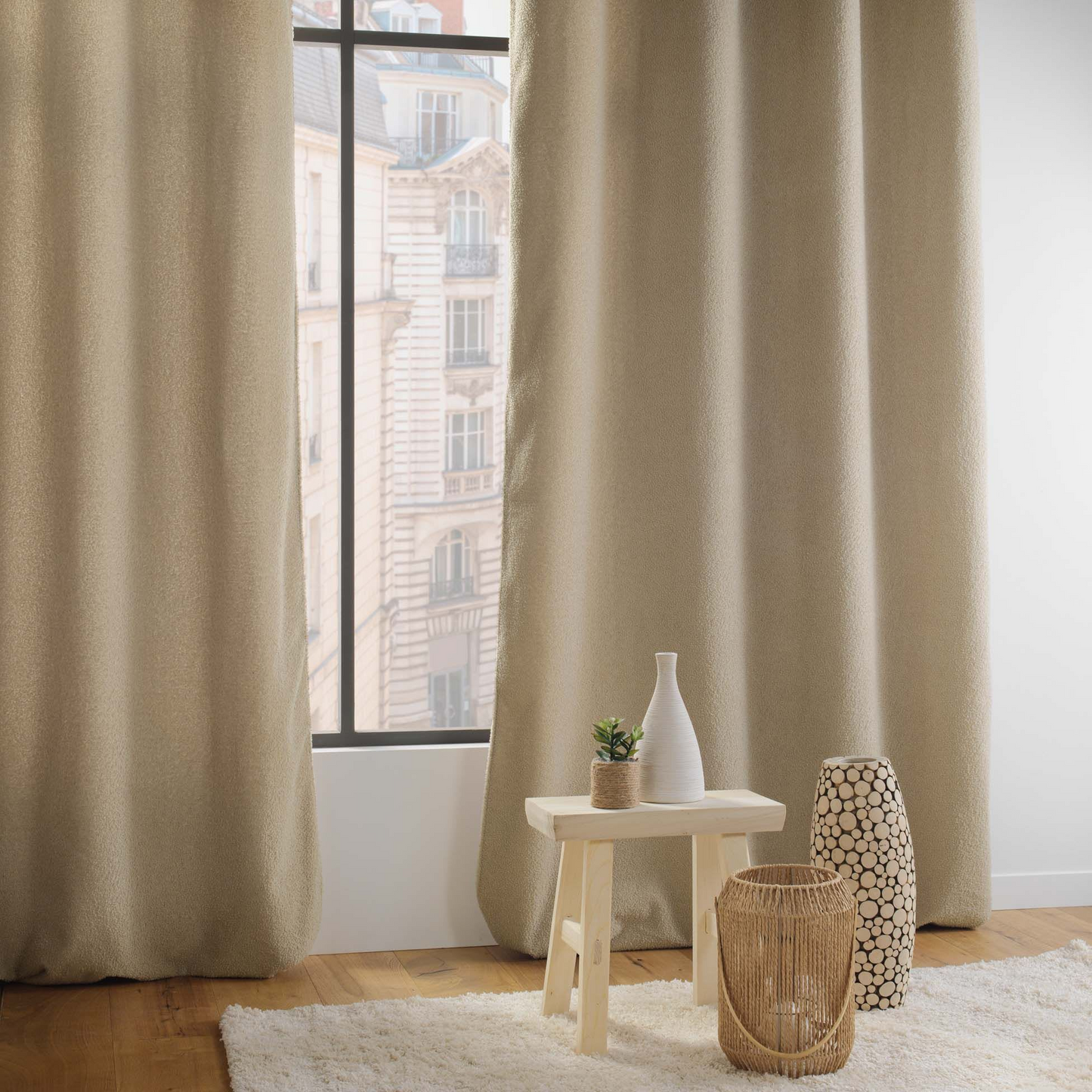 Rideau Japandi à Œillets en Bouclette Unie Beige 140 x 240 cm – Beli Douceur d'Intérieur