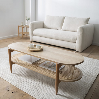 Table Basse Japandi bois et cannage ovale bois clair – Ellos