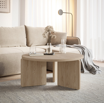 Table Basse Japandi ronde aspect bois clair 85 cm – Preffines