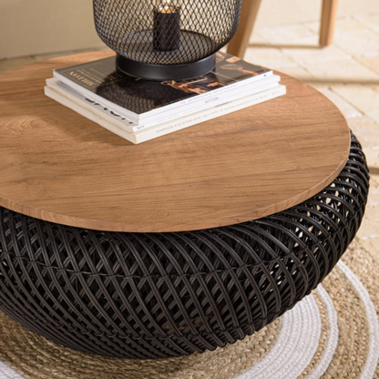 Table Basse Japandi ronde rotin noir plateau amovible D66 – Alida