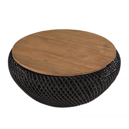 Table Basse Japandi ronde rotin noir plateau amovible D66 – Alida
