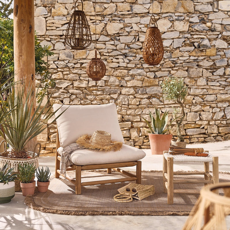 Tabouret Japandi en teck et coton recyclé blanc – Marin